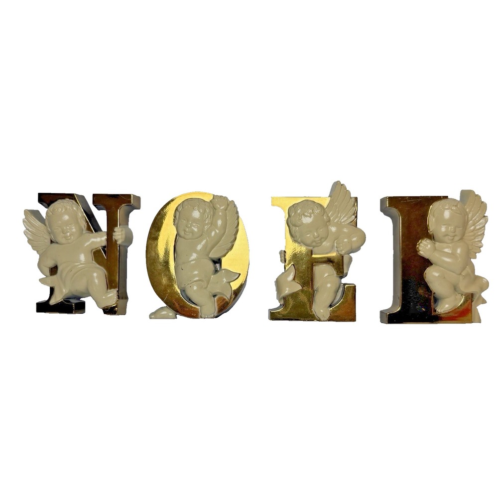 Vintage Burwood Christmas MCM Gold Plastic NOEL Cherubs Retro Cottage Core